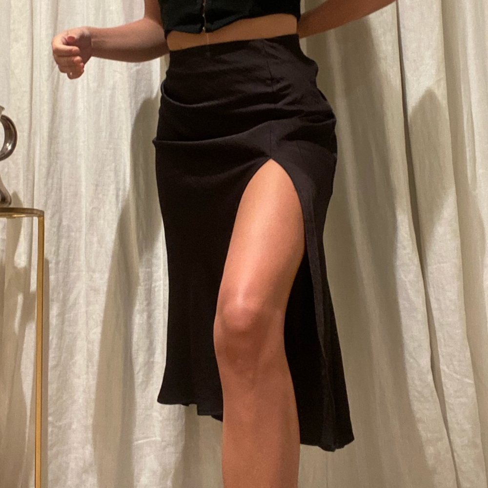 Black Satin Midi Skirt with Slit